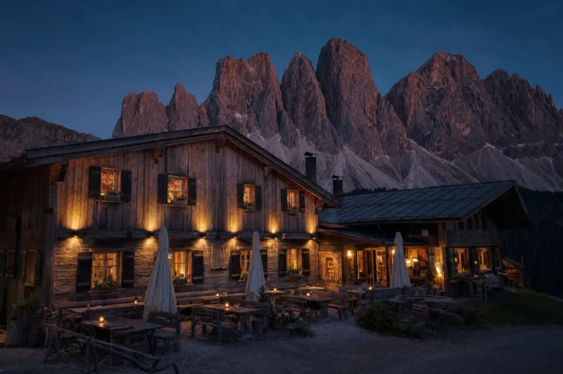 Baita ristorante tra le Dolomiti al tramonto