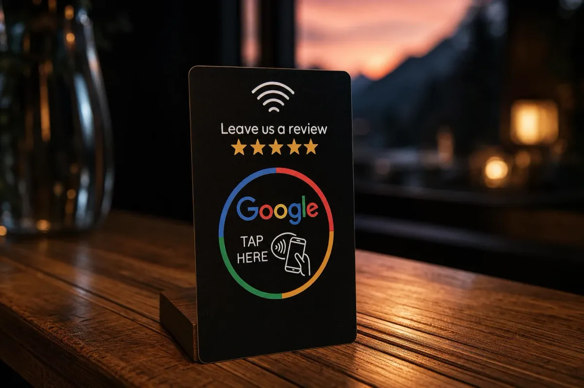 Card recensioni NFC su un bancone di legno, con luci soffuse e le montagne al tramonto sullo sfondo