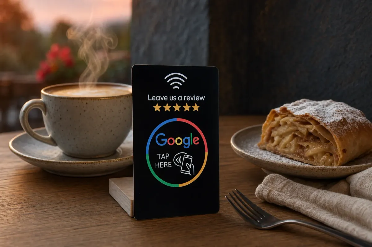 Card recensioni NFC sul tavolo tra un cappuccino e una fetta di strudel